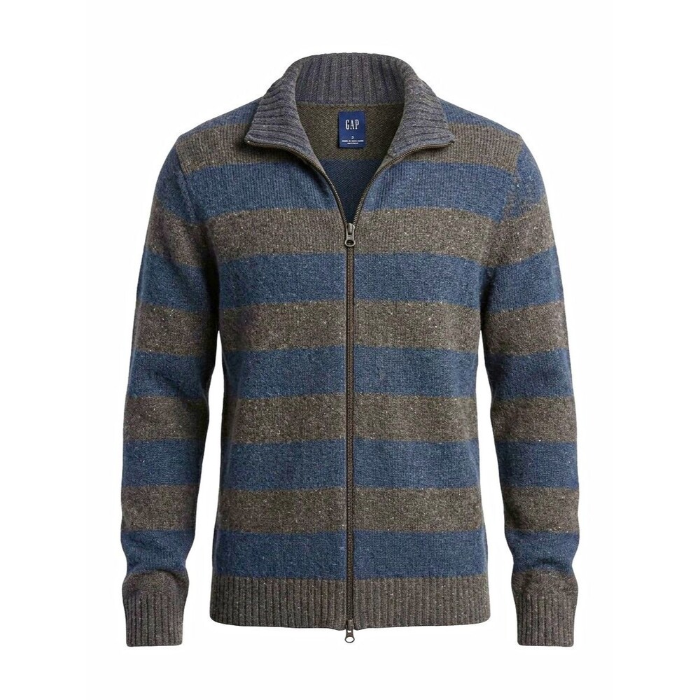 Men's Full Zip Mock Neck Striped Knit Sweater Blue Gray y2kpreppy gorpcore Small
